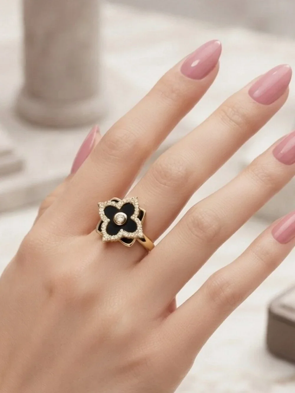 Anti Anxiety Fidget Clover CZ Adjustable Ring Gold Tone